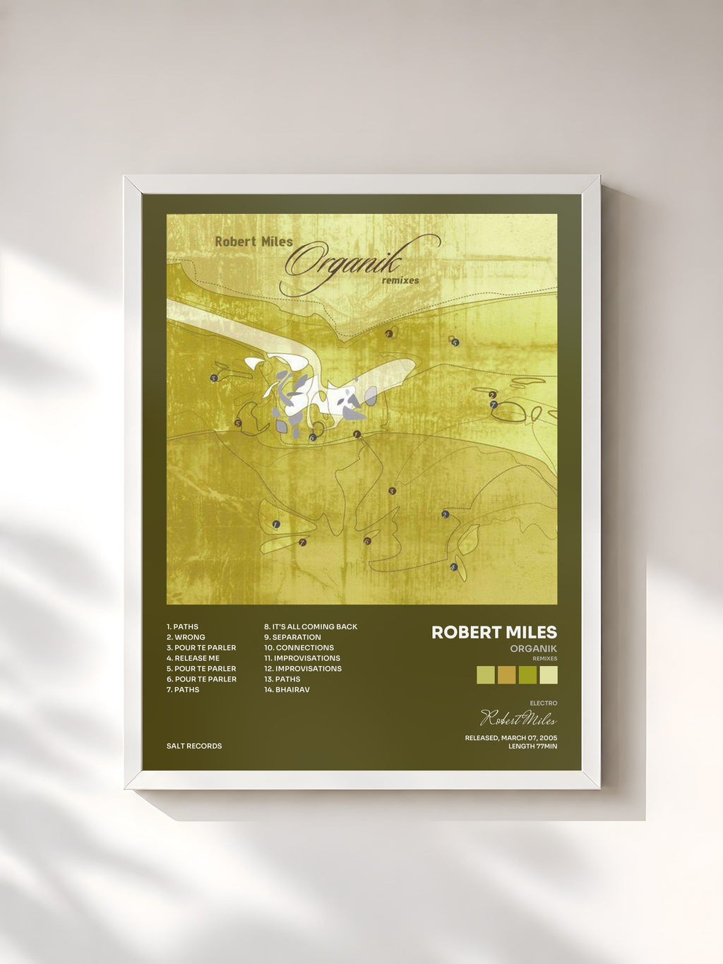 #blanc Organik (Remixes) by Robert Miles as a framed art print, white frame, printed and framed in France