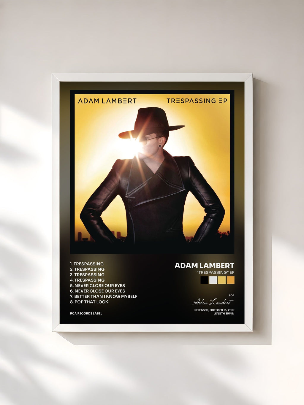 #blanc Tableau de l'album "Trespassing" EP de Adam Lambert, cadre blanc, imprimé et encadré en France
