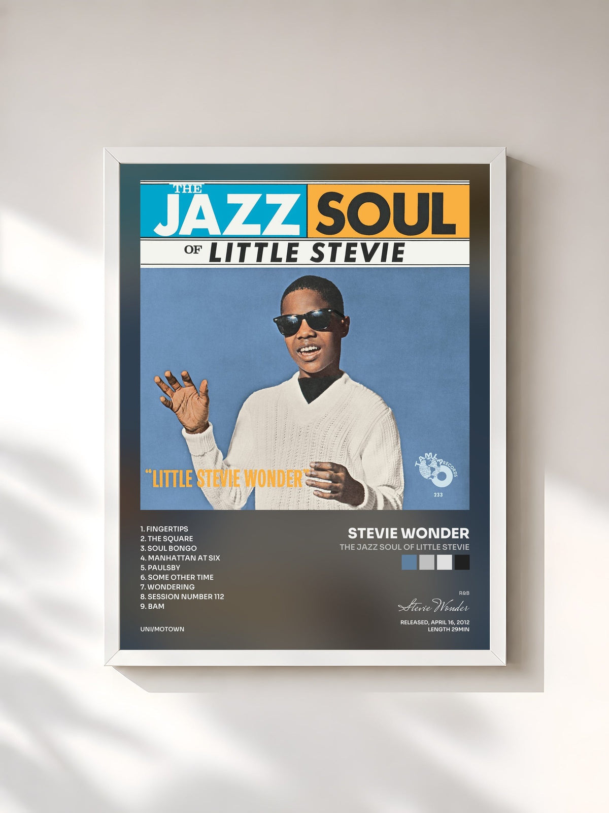 #blanc Tableau de l'album The Jazz Soul Of Little Stevie de Stevie Wonder, cadre blanc, imprimé et encadré en France