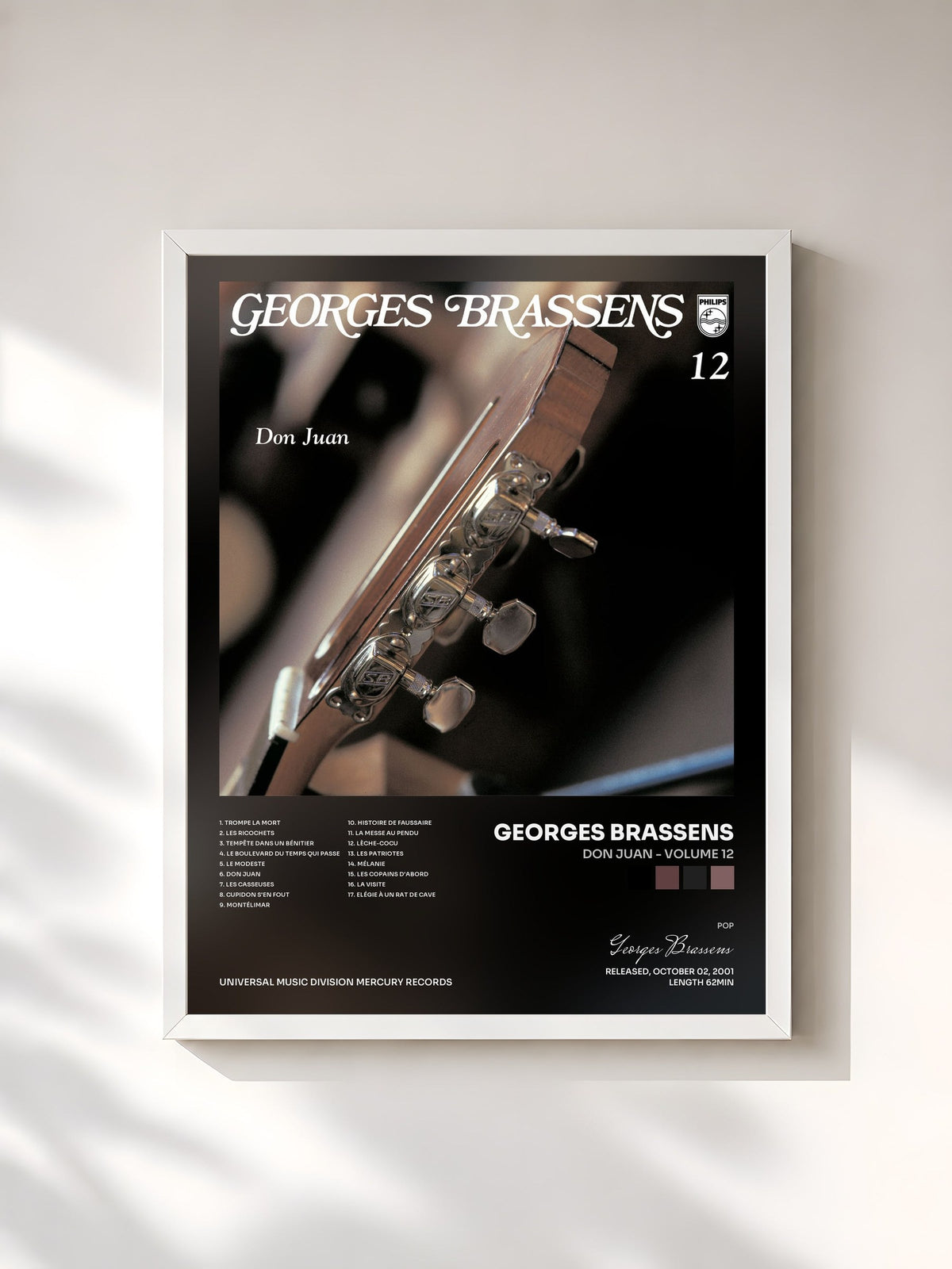 #blanc Tableau de l'album Don Juan - Volume 12 de Georges Brassens, cadre blanc, imprimé et encadré en France