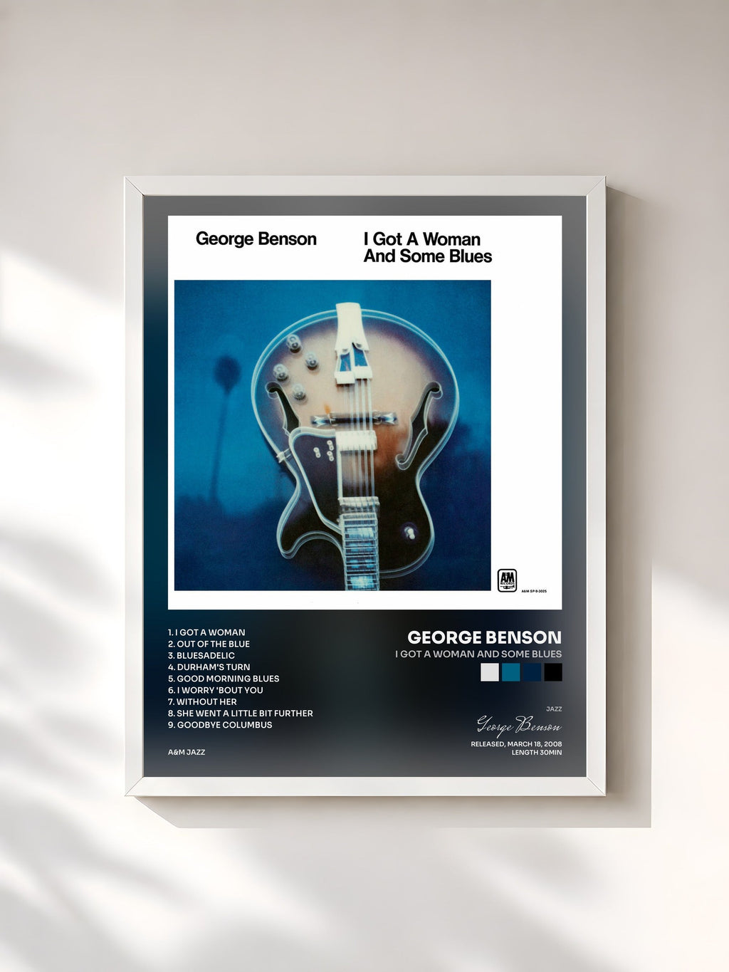 #blanc Tableau de l'album I Got A Woman And Some Blues de George Benson, cadre blanc, imprimé et encadré en France