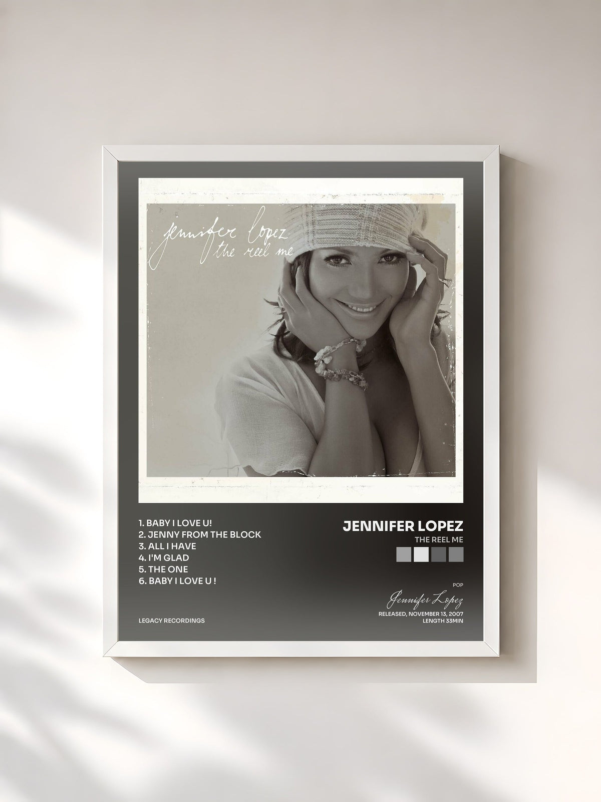 #blanc Tableau de l'album The Reel Me de Jennifer Lopez, cadre blanc, imprimé et encadré en France
