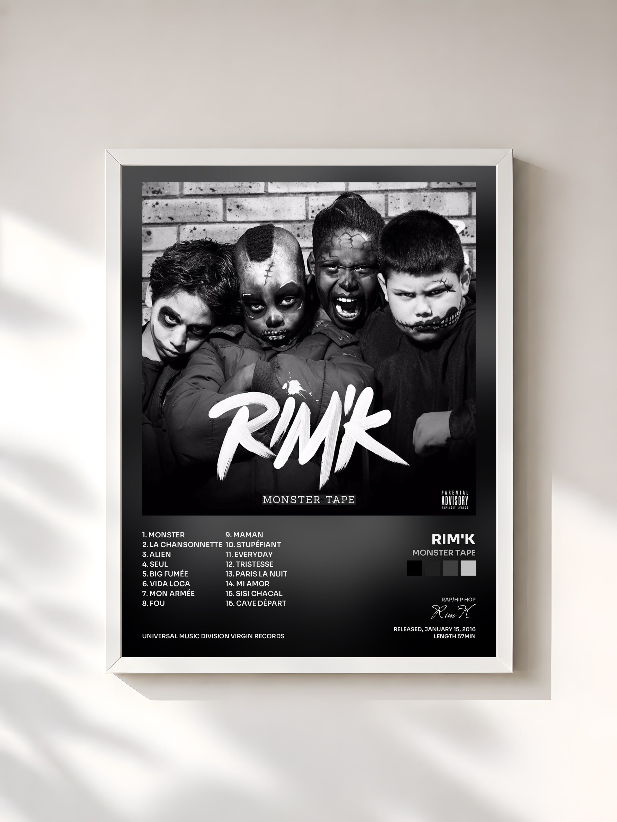 #blanc Tableau de l'album Monster Tape de Rim'K, cadre blanc, imprimé et encadré en France