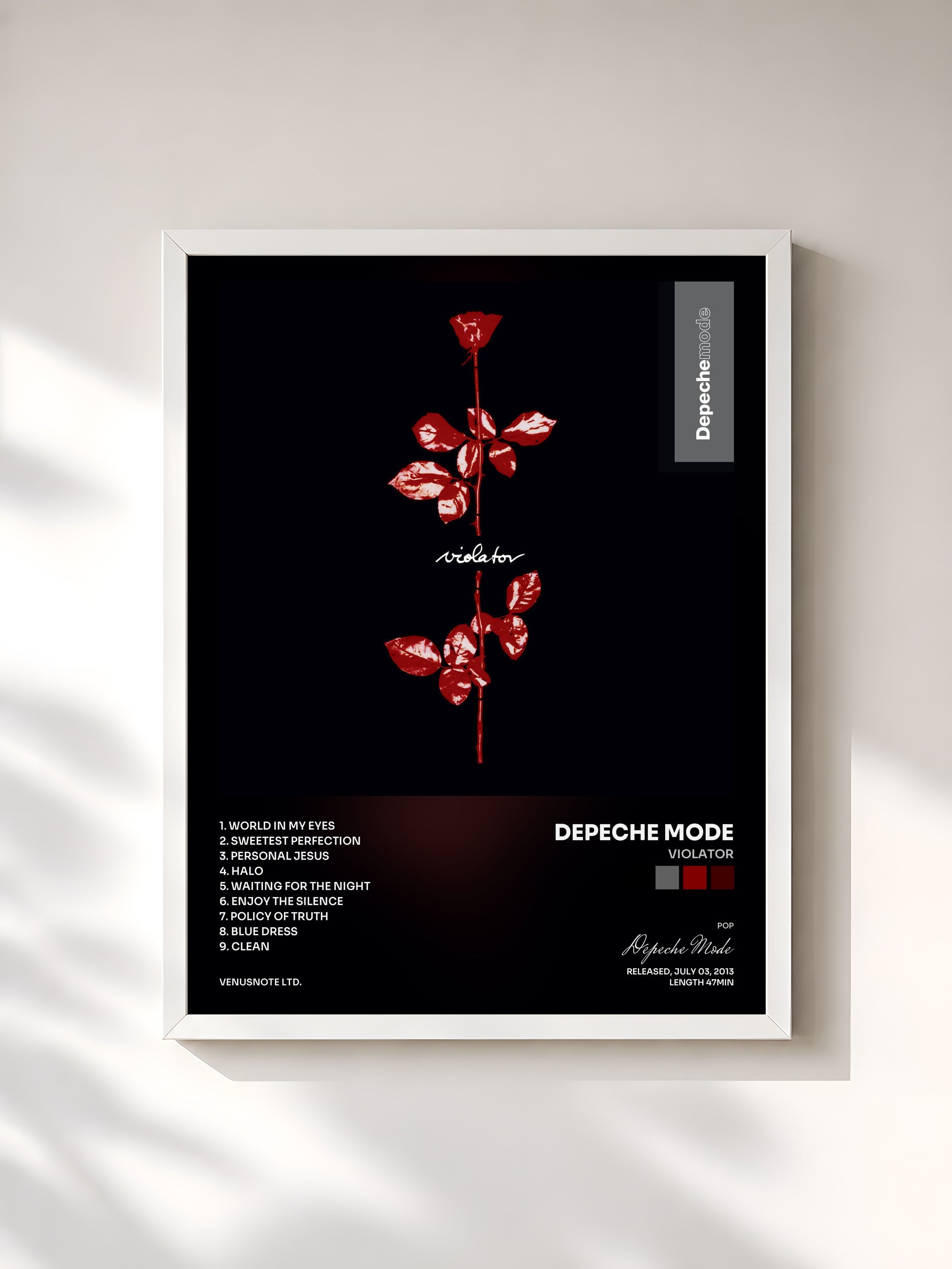 #blanc Violator de Depeche Mode en lámina enmarcada, marco blanco, impresa y enmarcada en Francia