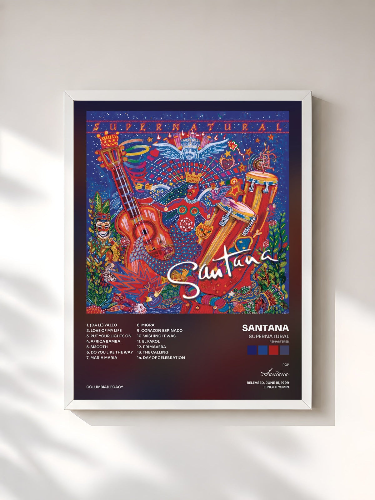 #blanc Tableau de l'album Supernatural (Remastered) de Santana, cadre blanc, imprimé et encadré en France
