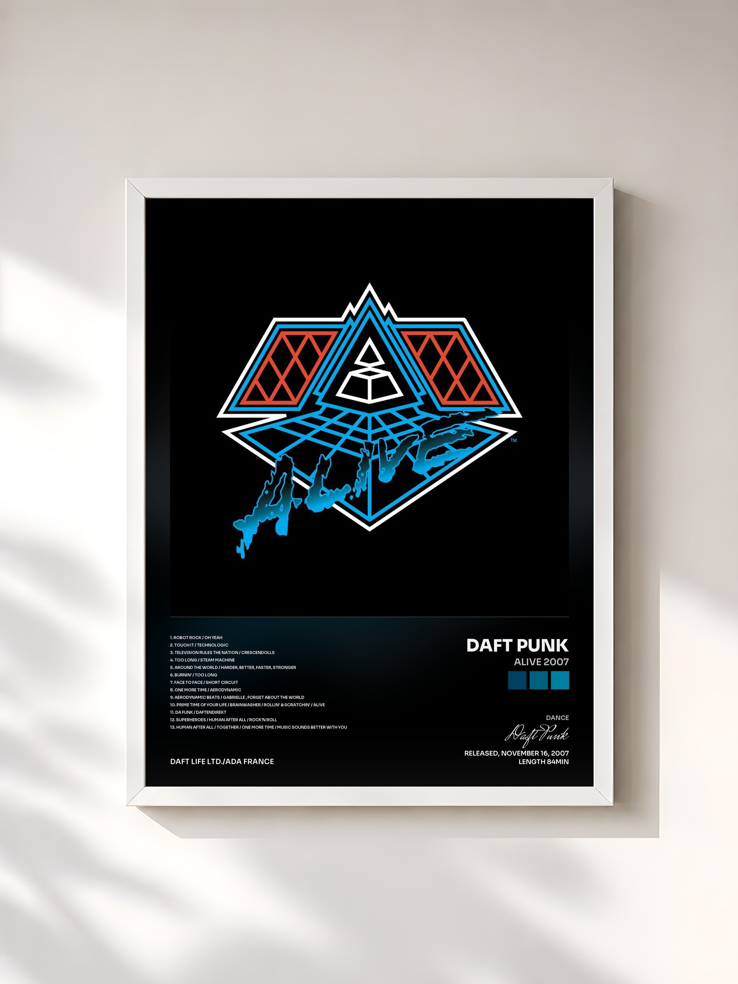 #blanc Tableau de l'album Alive 2007 de Daft Punk, cadre blanc, imprimé et encadré en France