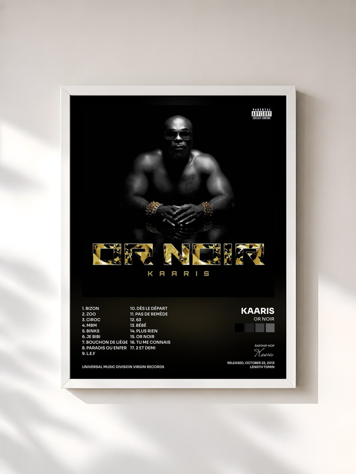#blanc Tableau de l'album Or Noir de Kaaris, cadre blanc, imprimé et encadré en France