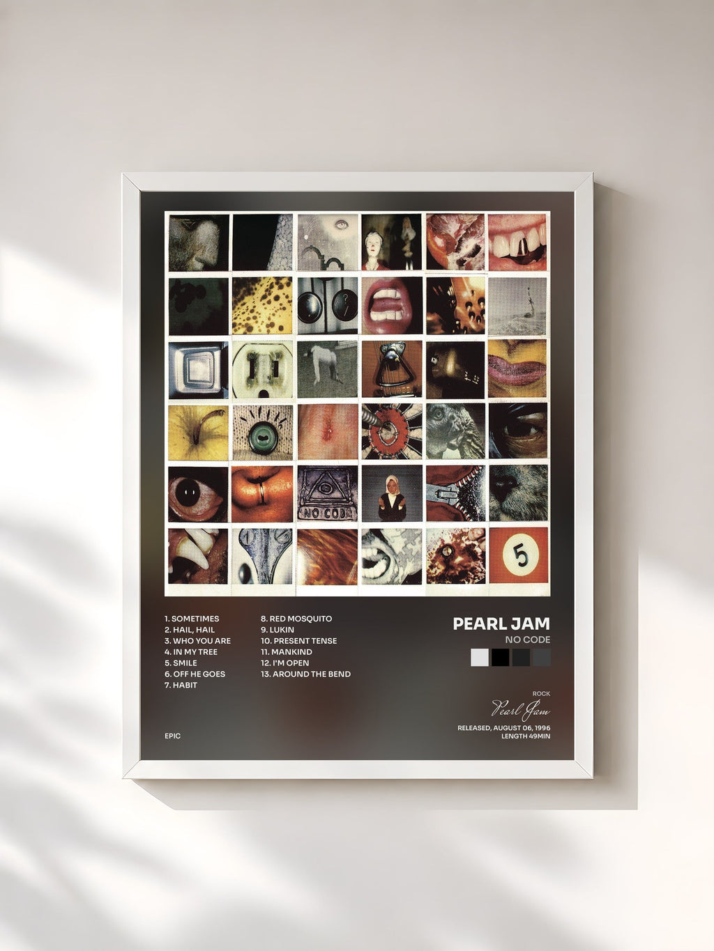 #blanc Tableau de l'album No Code de Pearl Jam, cadre blanc, imprimé et encadré en France