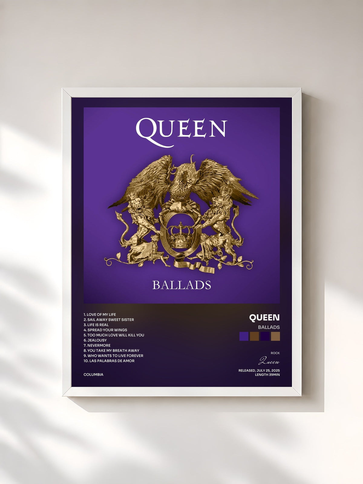 #blanc Tableau de l'album Ballads de Queen, cadre blanc, imprimé et encadré en France