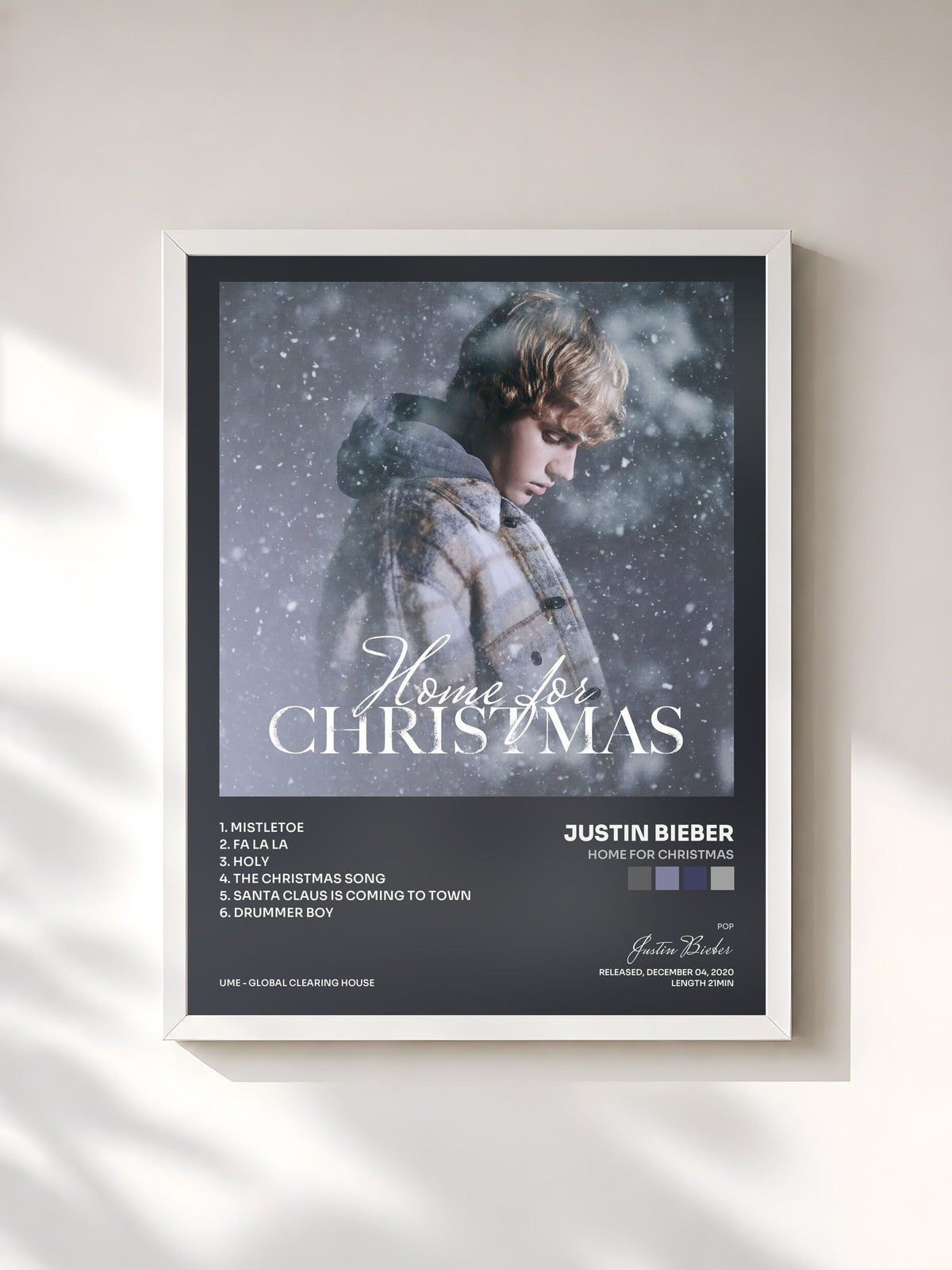 #blanc Tableau de l'album Home for Christmas de Justin Bieber, cadre blanc, imprimé et encadré en France
