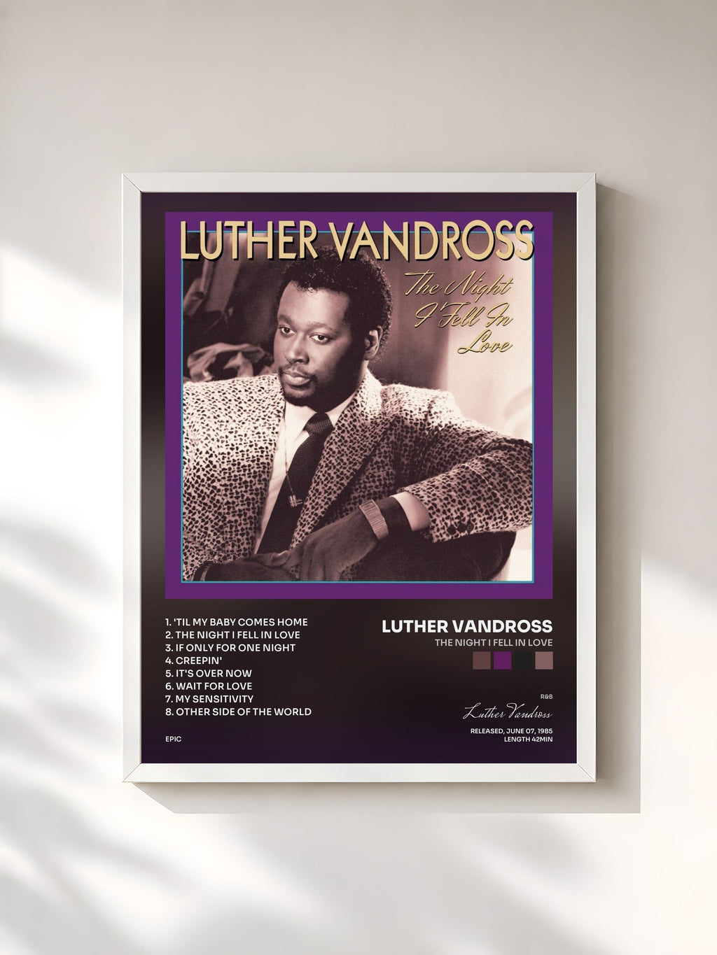 #blanc The Night I Fell In Love de Luther Vandross en lámina enmarcada, marco blanco, impresa y enmarcada en Francia