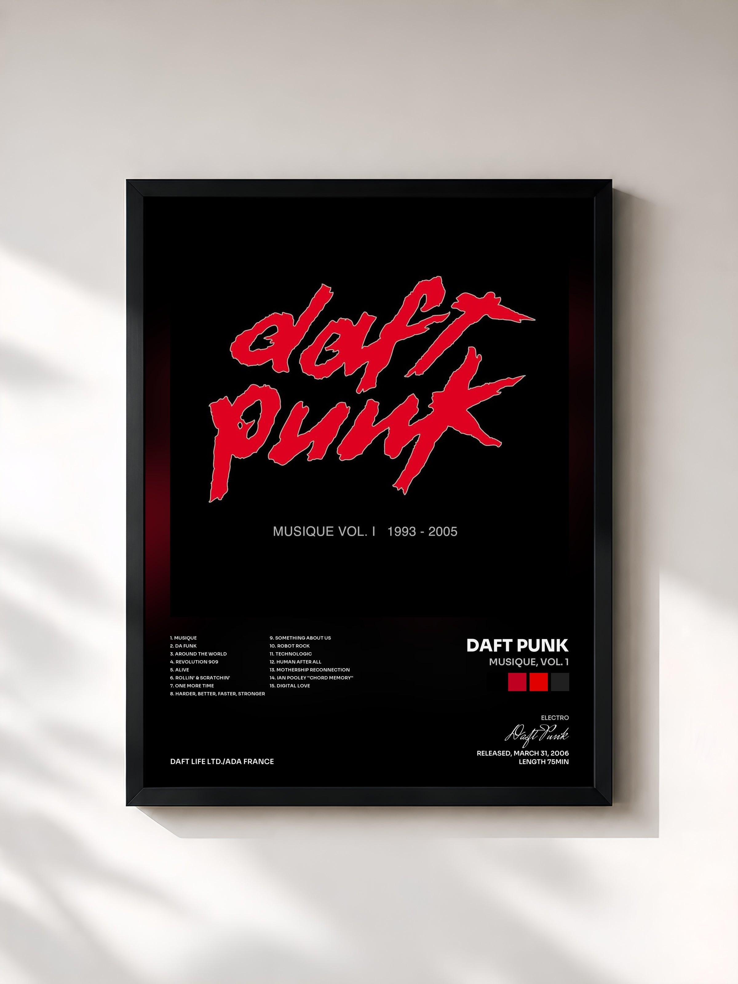#noir Musique, Vol. 1 de Daft Punk en lámina enmarcada, marco negro, impresa y enmarcada en Francia