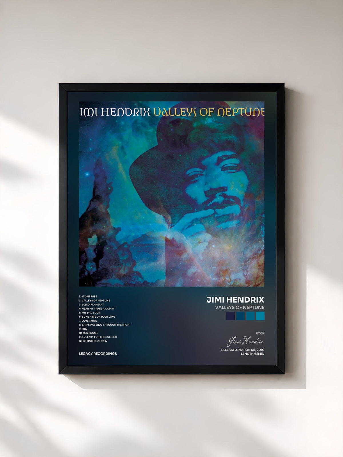 #noir Tableau de l'album Valleys Of Neptune de Jimi Hendrix, cadre noir, imprimé et encadré en France