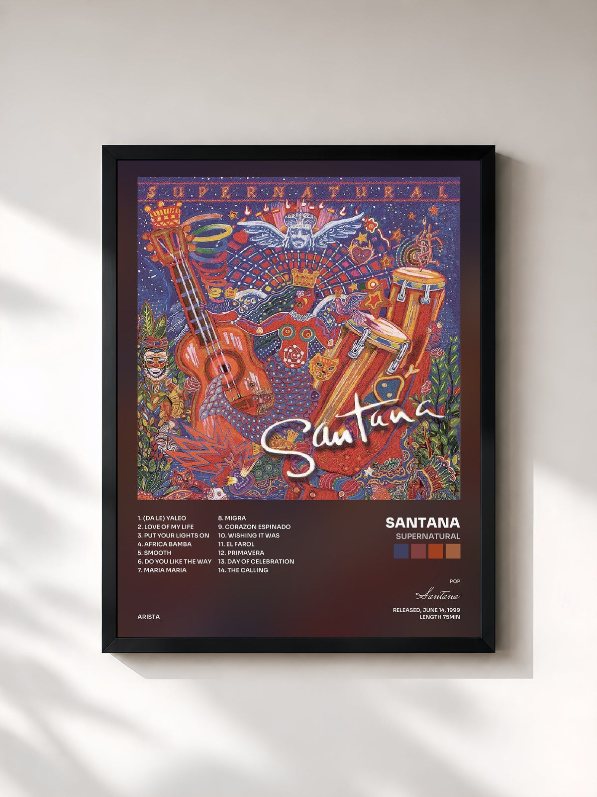 #noir Tableau de l'album Supernatural de Santana, cadre noir, imprimé et encadré en France
