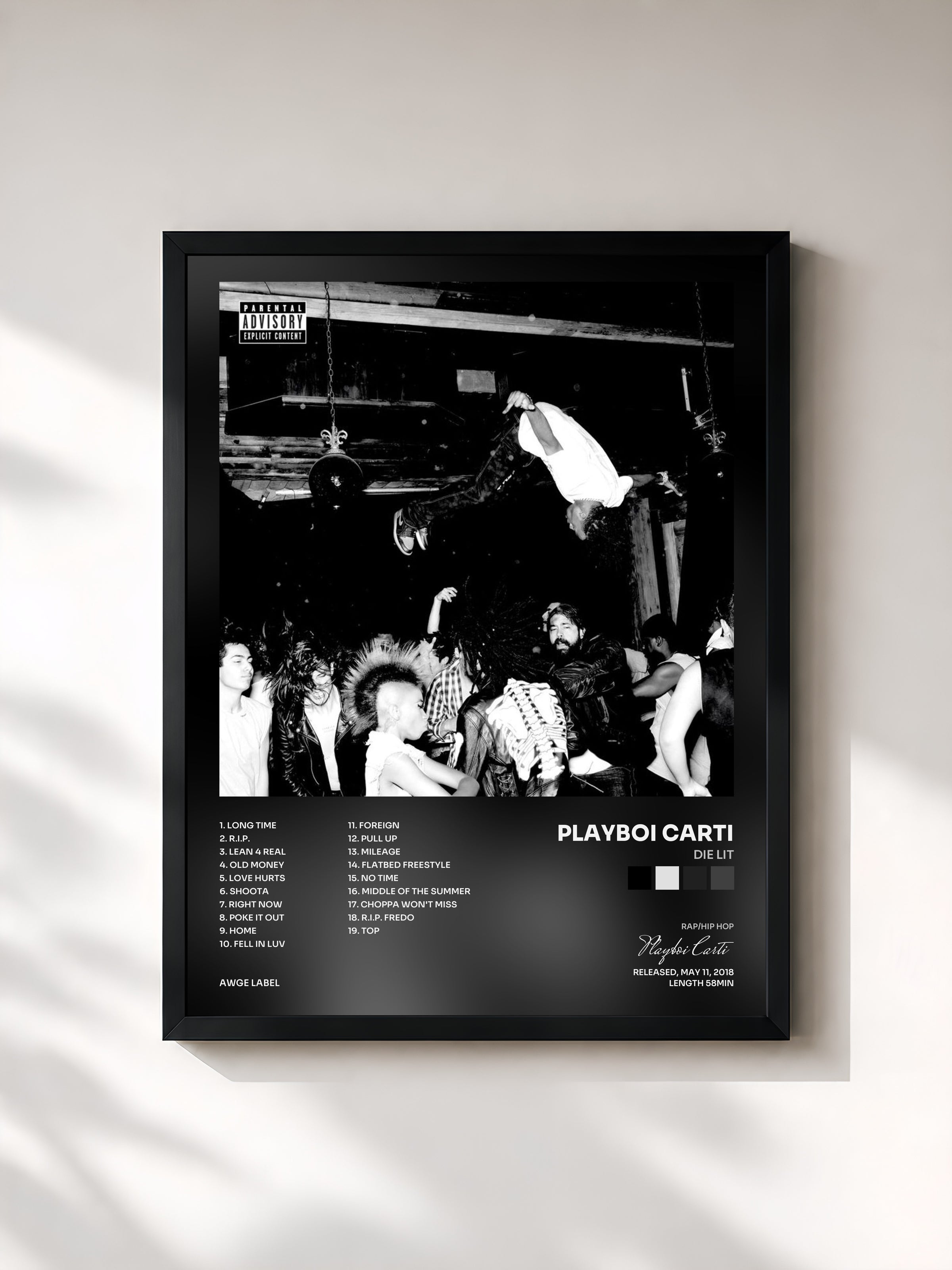 #noir Tableau de l'album Die Lit de Playboi Carti, cadre noir, imprimé et encadré en France
