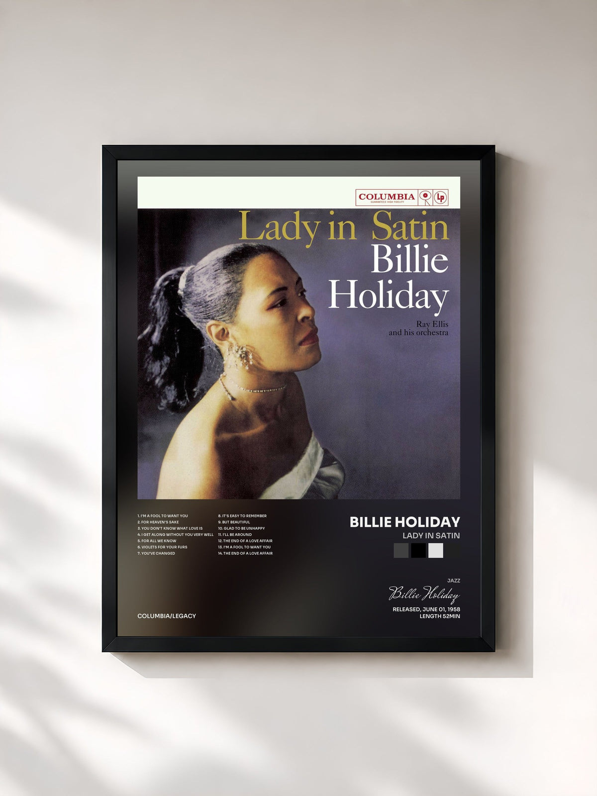 #noir Tableau de l'album Lady In Satin de Billie Holiday, cadre noir, imprimé et encadré en France