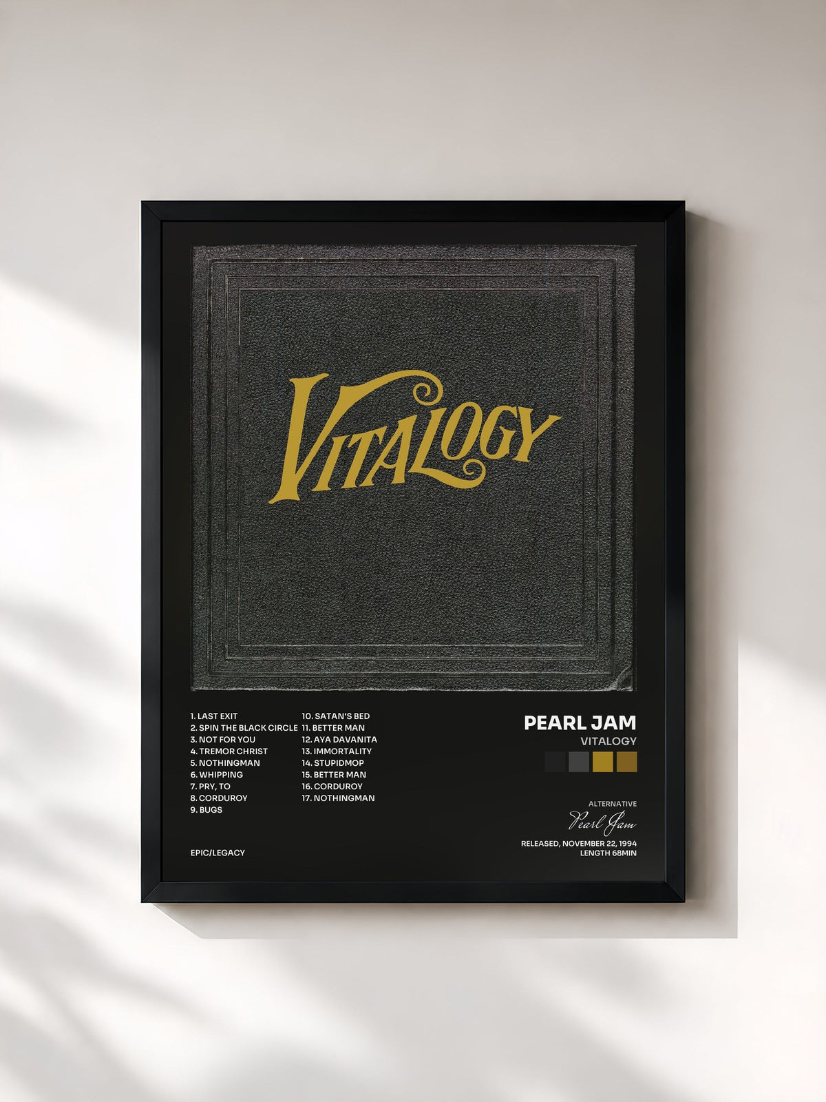#noir Tableau de l'album Vitalogy de Pearl Jam, cadre noir, imprimé et encadré en France