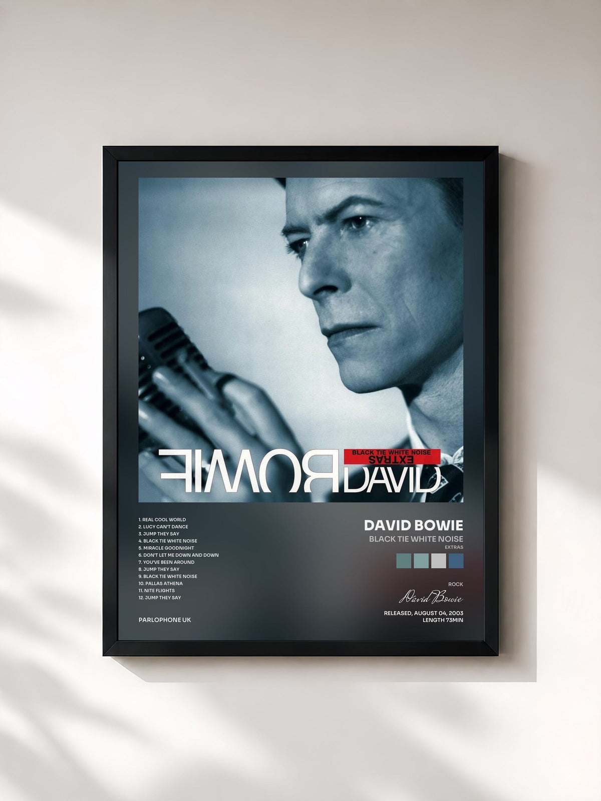 #noir Tableau de l'album Black Tie White Noise (Extras) de David Bowie, cadre noir, imprimé et encadré en France