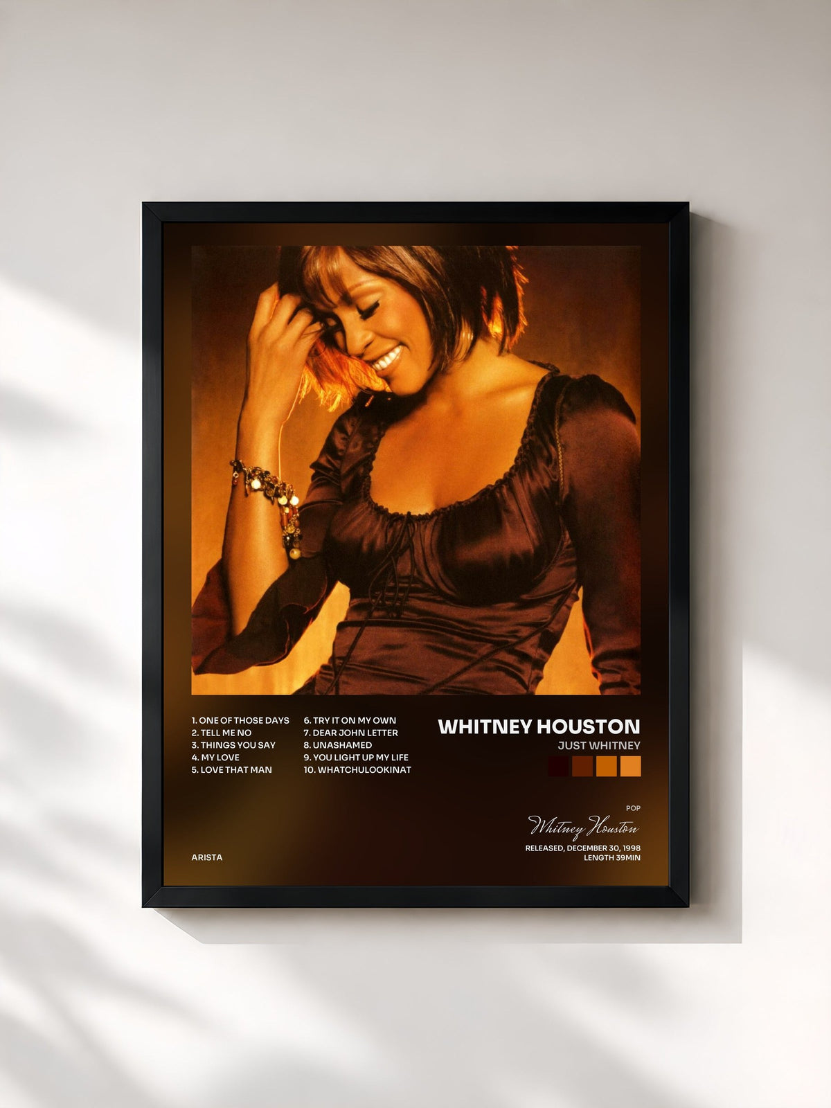 #noir Tableau de l'album Just Whitney de Whitney Houston, cadre noir, imprimé et encadré en France