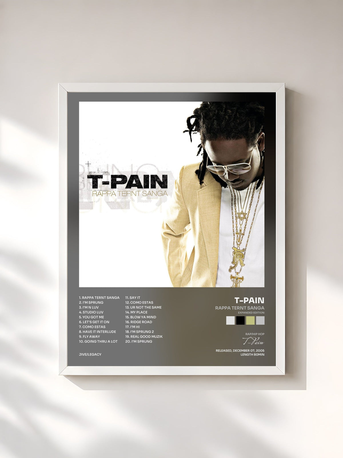 #blanc Tableau de l'album Rappa Ternt Sanga (Expanded Edition) de T-Pain, cadre blanc, imprimé et encadré en France