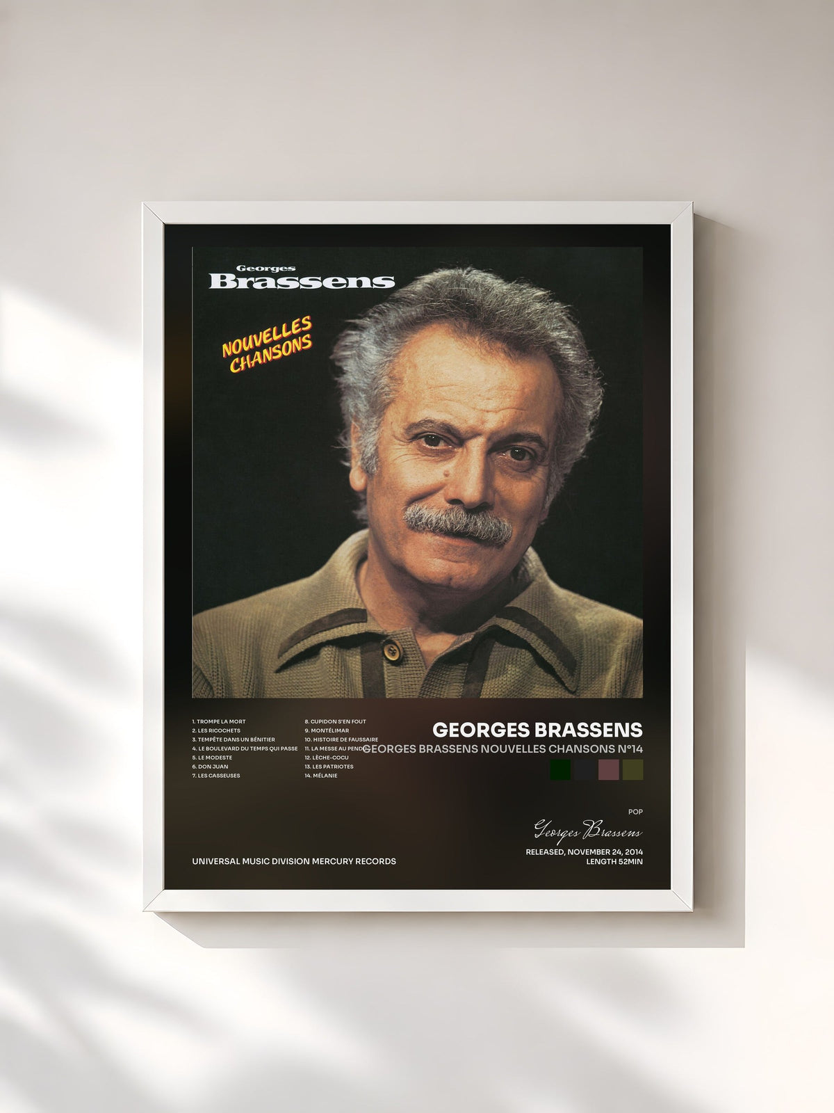 #blanc Tableau de l'album Georges Brassens nouvelles chansons N°14 de Georges Brassens, cadre blanc, imprimé et encadré en France