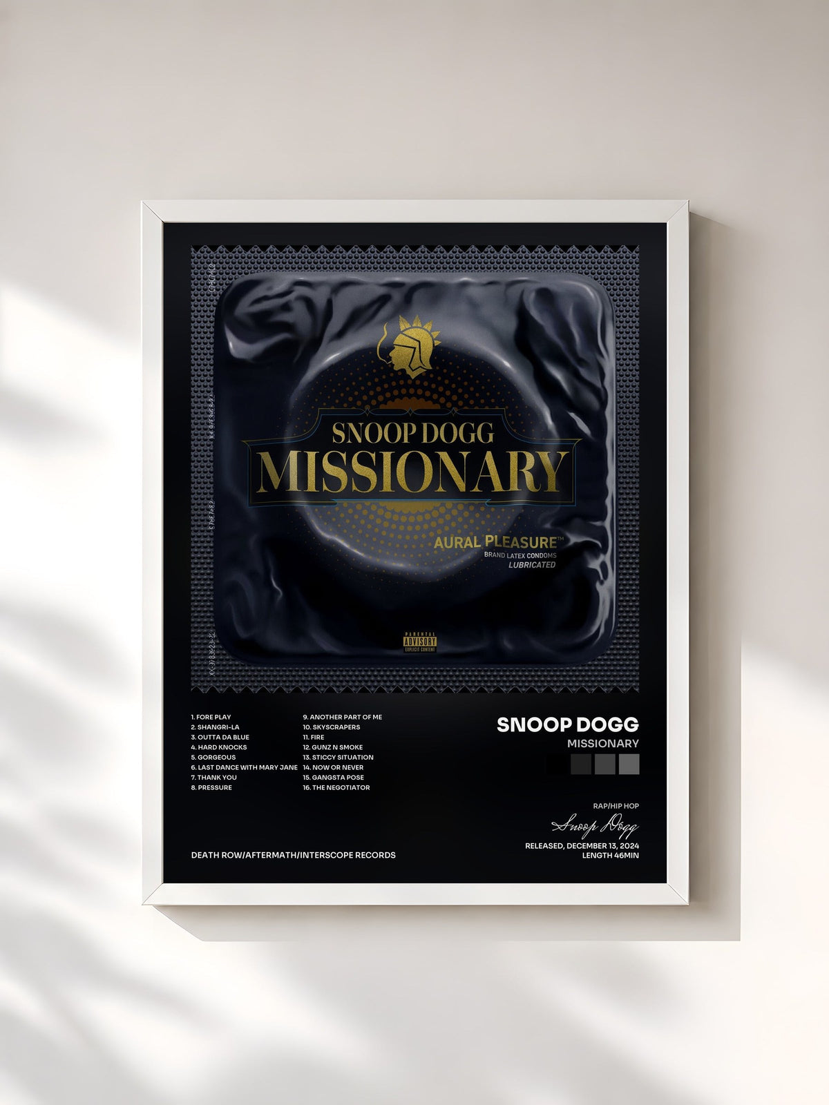#blanc Tableau de l'album Missionary de Snoop Dogg, cadre blanc, imprimé et encadré en France