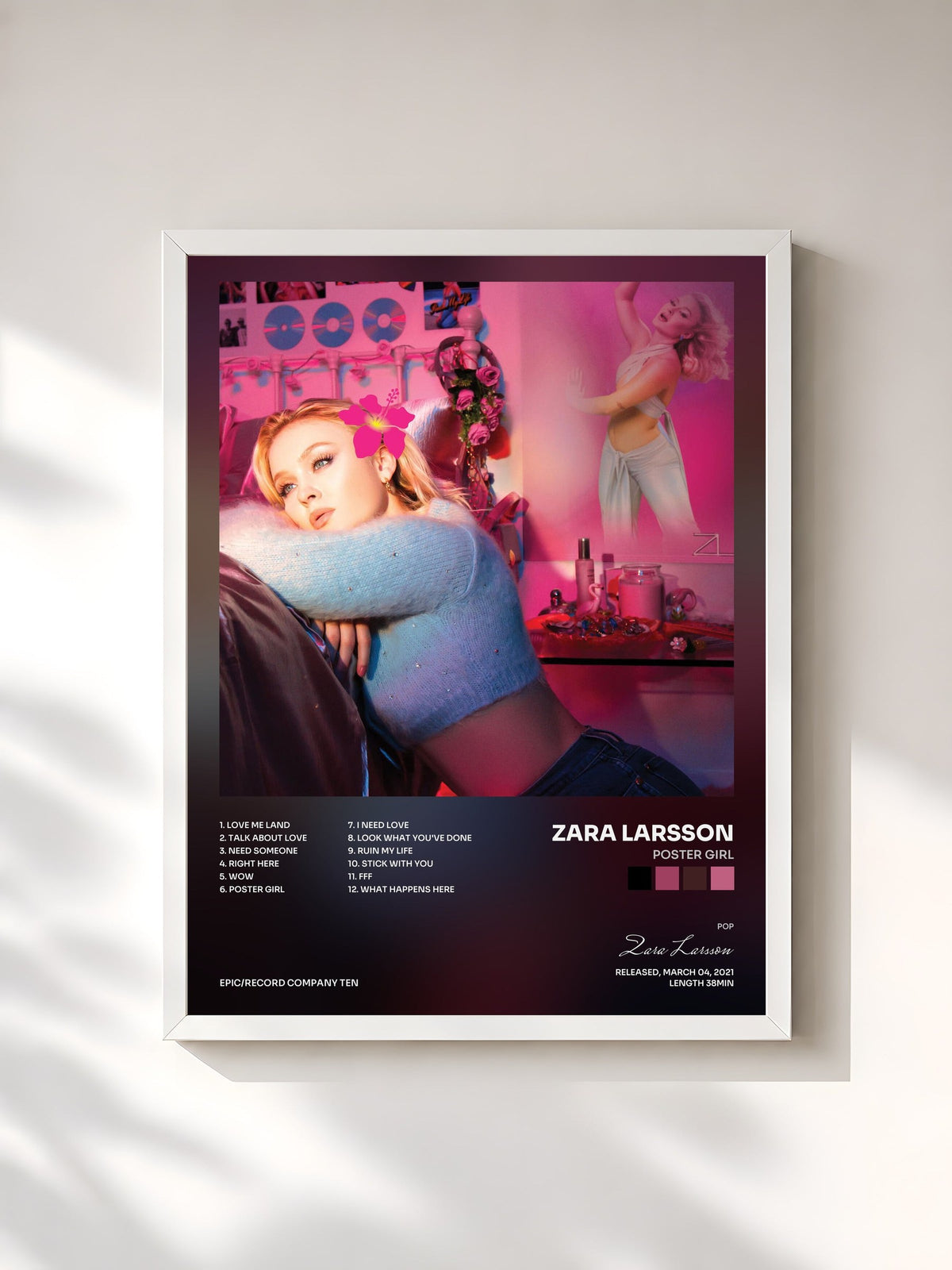 #blanc Tableau de l'album Poster Girl de Zara Larsson, cadre blanc, imprimé et encadré en France