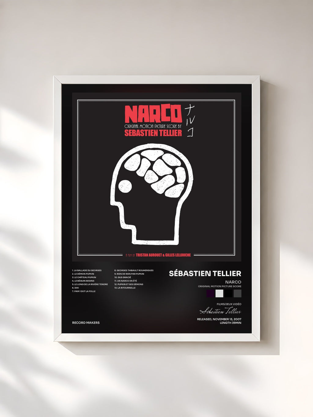 #blanc Tableau de l'album Narco (Original Motion Picture Score) de Sébastien Tellier, cadre blanc, imprimé et encadré en France