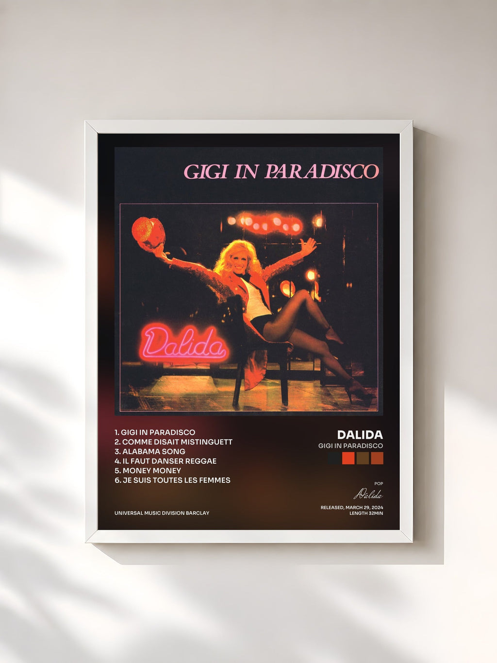 #blanc Gigi In Paradisco de Dalida en lámina enmarcada, marco blanco, impresa y enmarcada en Francia
