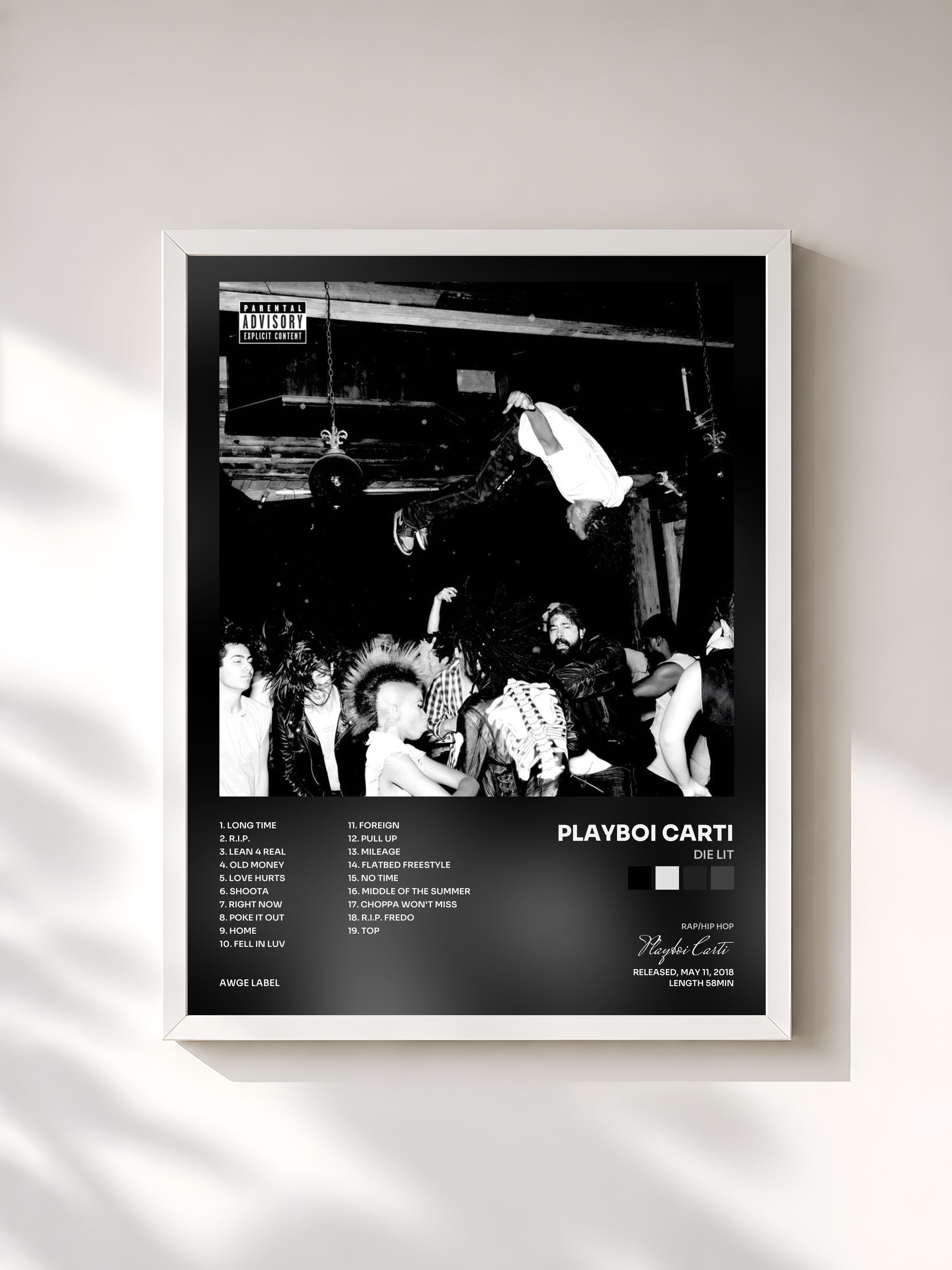 #blanc Tableau de l'album Die Lit de Playboi Carti, cadre blanc, imprimé et encadré en France