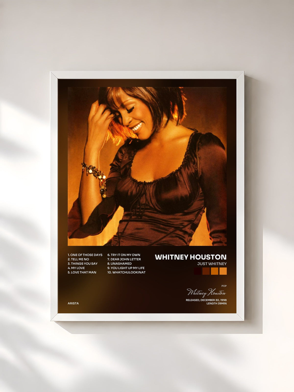 #blanc Tableau de l'album Just Whitney de Whitney Houston, cadre blanc, imprimé et encadré en France