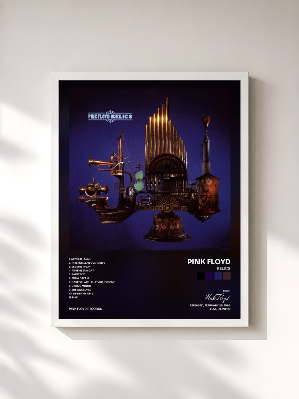 #blanc Tableau de l'album Relics de Pink Floyd, cadre blanc, imprimé et encadré en France