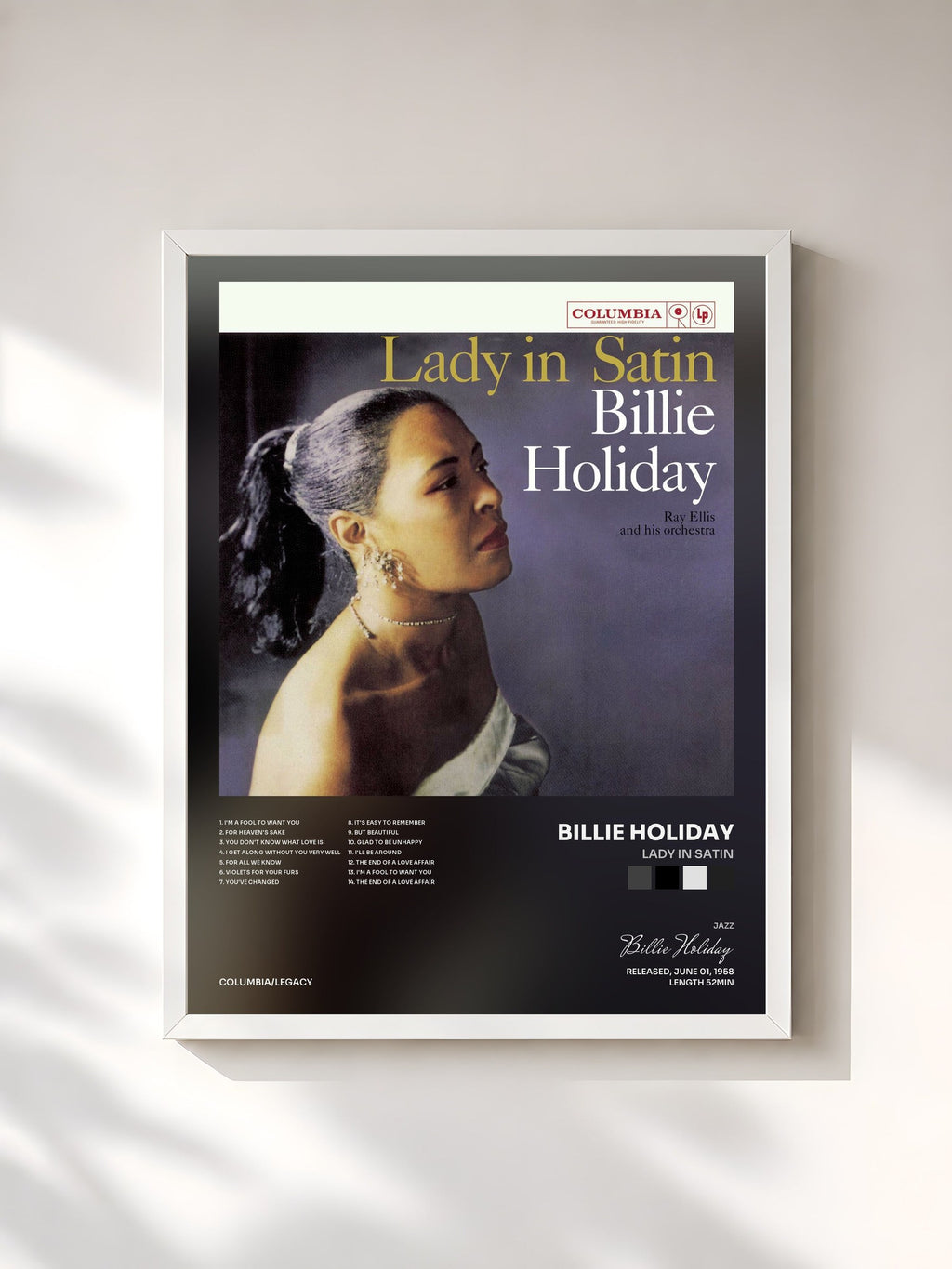 #blanc Lady In Satin by Billie Holiday as a framed art print, white frame, printed and framed in France