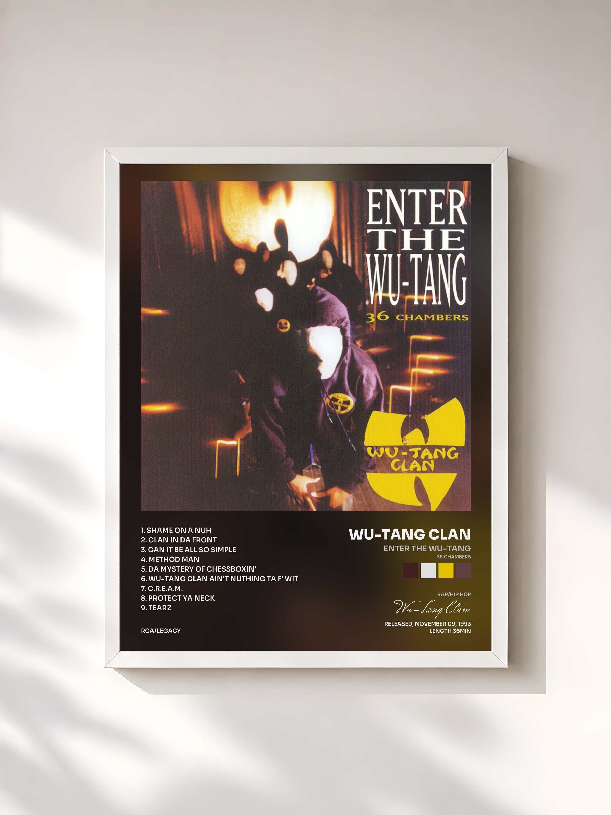 #blanc Tableau de l'album Enter the Wu-Tang (36 Chambers) de Wu-Tang Clan, cadre blanc, imprimé et encadré en France