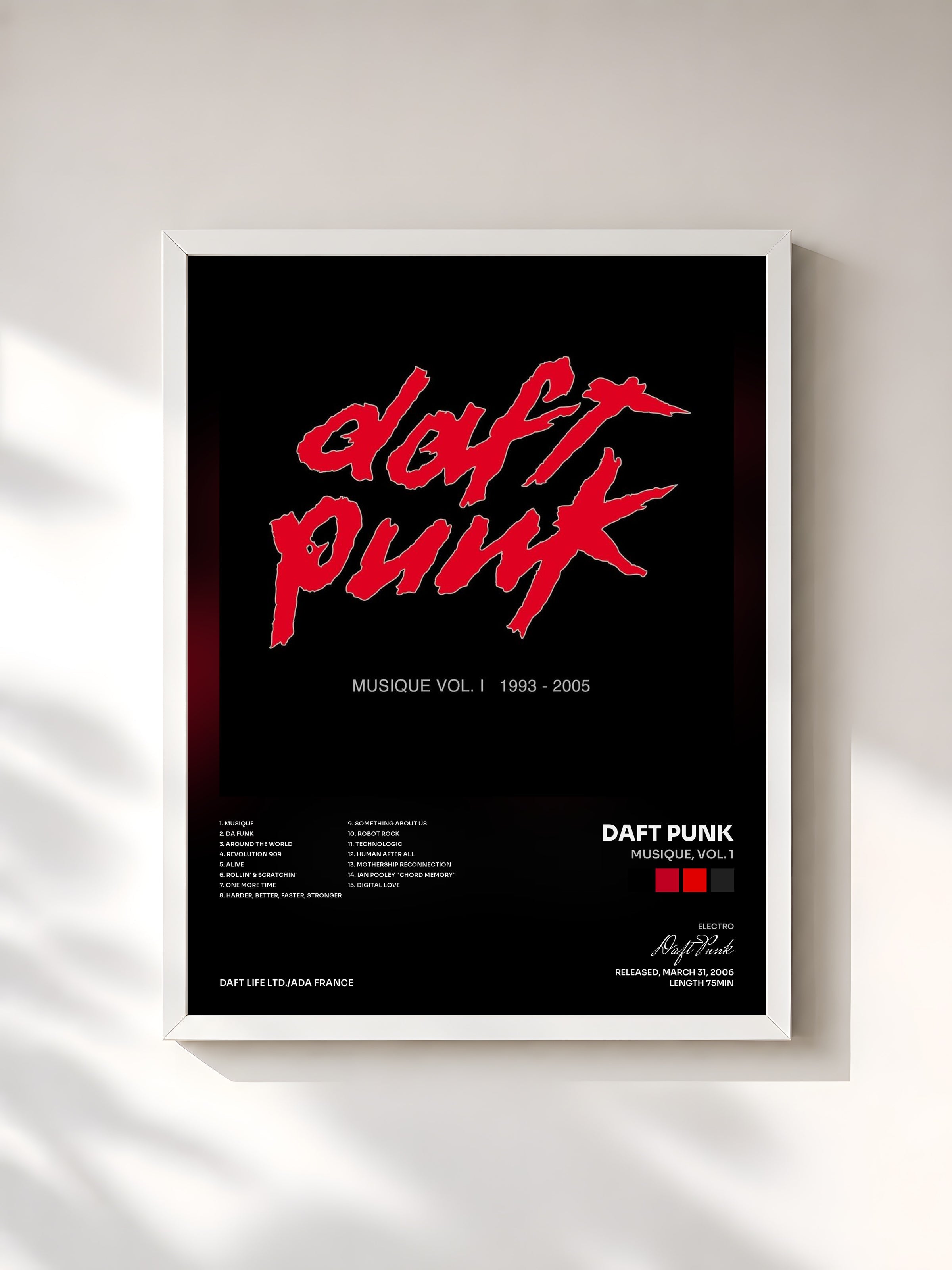 #blanc Musique, Vol. 1 de Daft Punk en lámina enmarcada, marco blanco, impresa y enmarcada en Francia