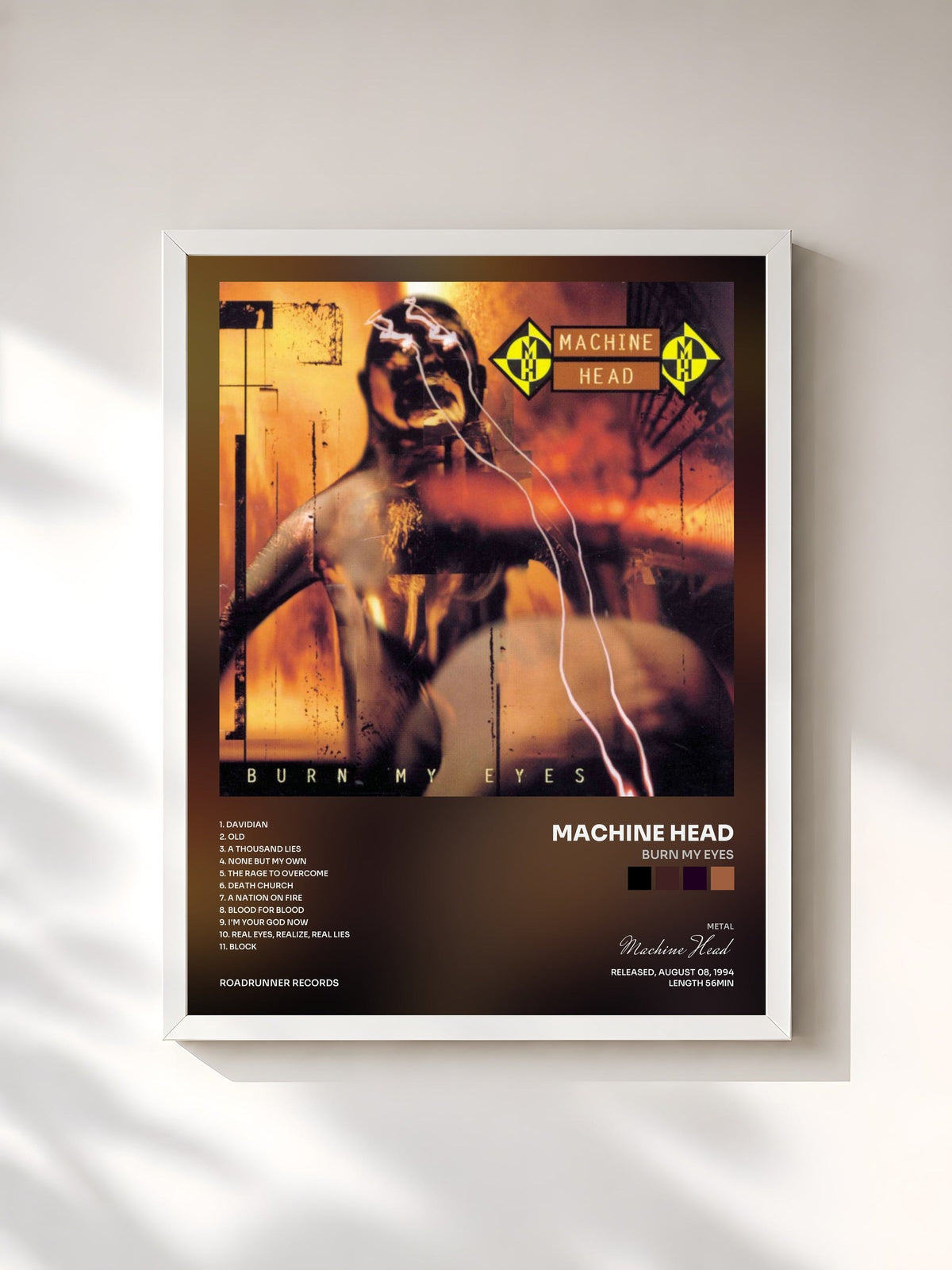 #blanc Tableau de l'album Burn My Eyes de Machine Head, cadre blanc, imprimé et encadré en France