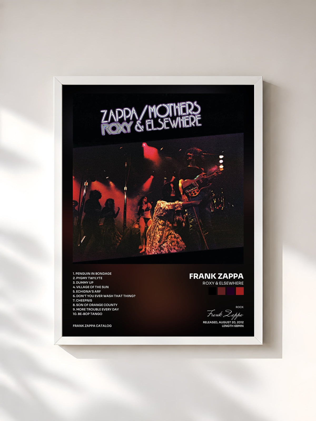 #blanc Tableau de l'album Roxy & Elsewhere de Frank Zappa, cadre blanc, imprimé et encadré en France