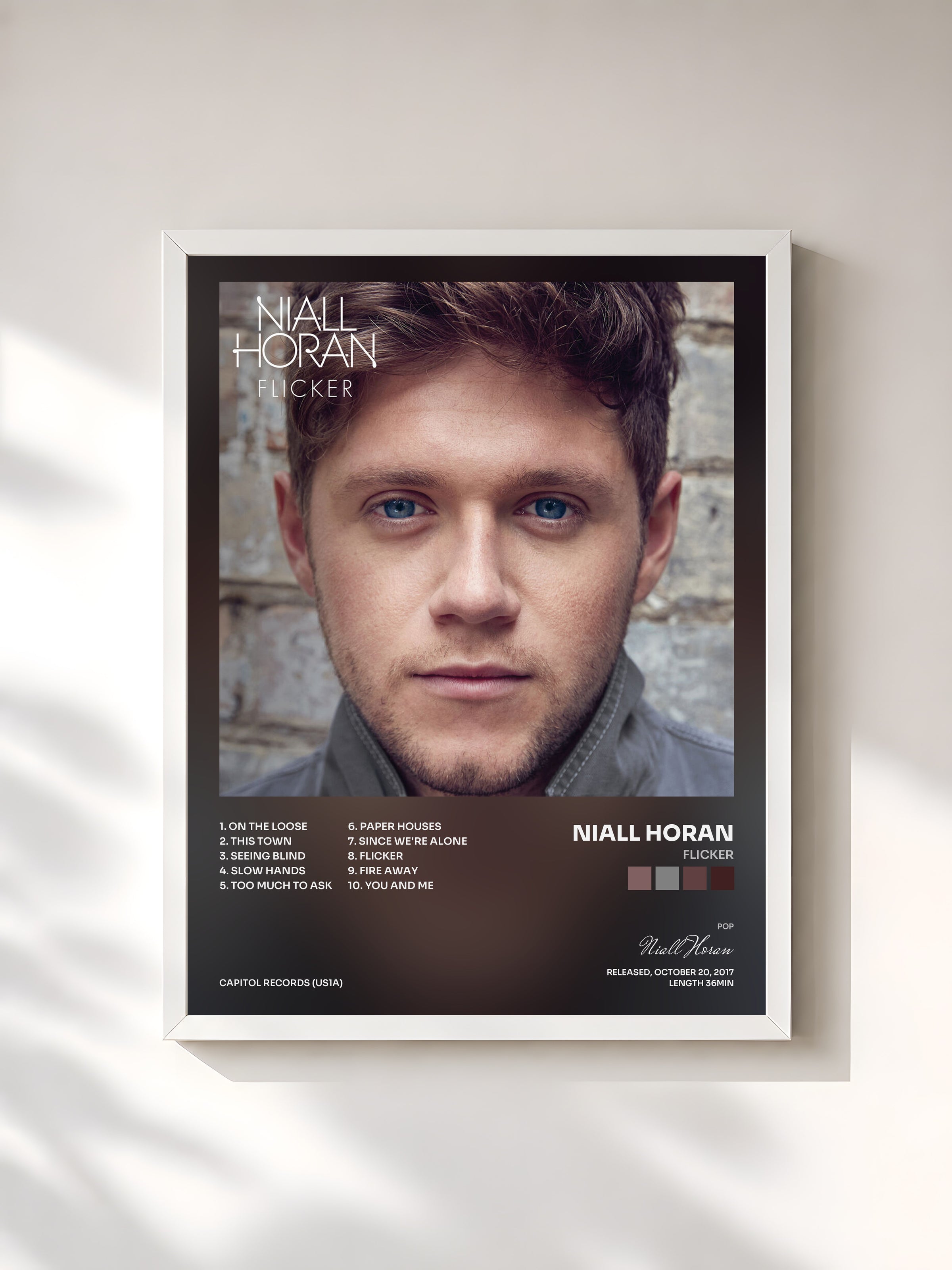 #blanc Tableau de l'album Flicker de Niall Horan, cadre blanc, imprimé et encadré en France