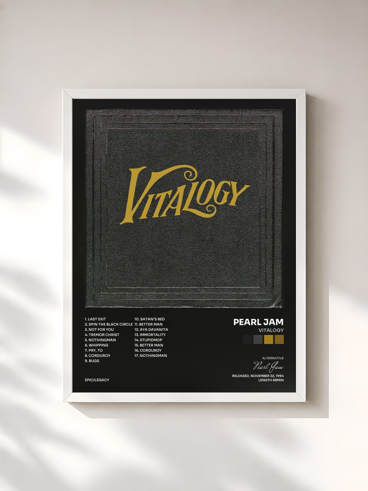 #blanc Tableau de l'album Vitalogy de Pearl Jam, cadre blanc, imprimé et encadré en France