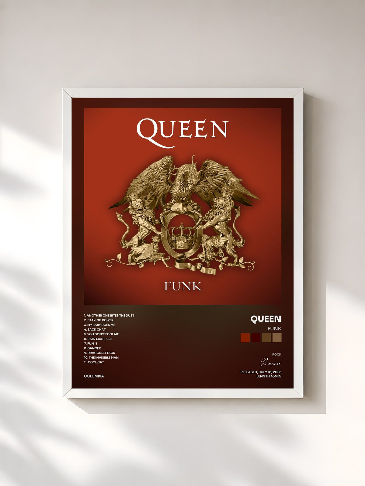 #blanc Tableau de l'album Funk de Queen, cadre blanc, imprimé et encadré en France
