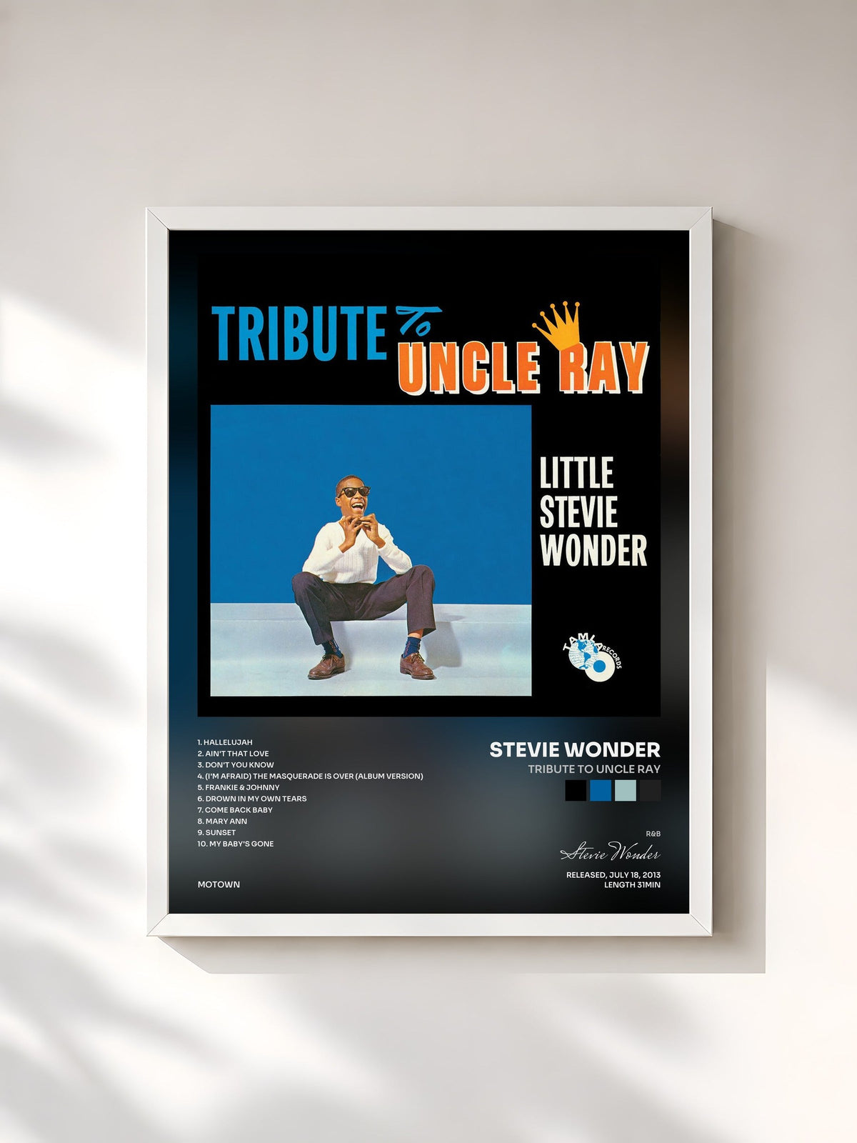#blanc Tableau de l'album Tribute To Uncle Ray de Stevie Wonder, cadre blanc, imprimé et encadré en France