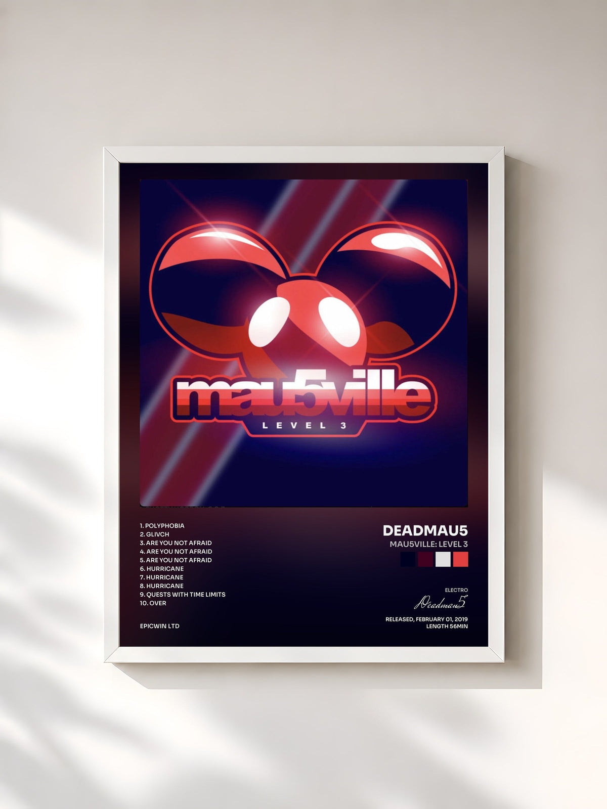 #blanc Tableau de l'album mau5ville: Level 3 de Deadmau5, cadre blanc, imprimé et encadré en France