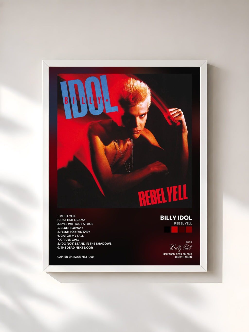 #blanc Tableau de l'album Rebel Yell de Billy Idol, cadre blanc, imprimé et encadré en France