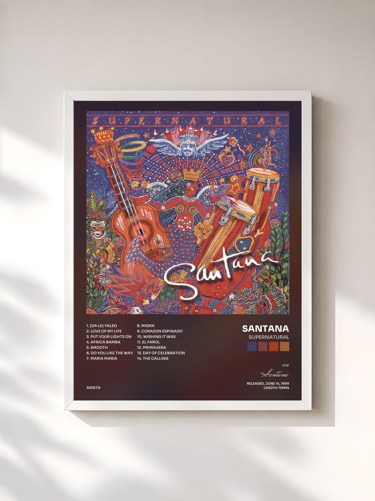 #blanc Tableau de l'album Supernatural de Santana, cadre blanc, imprimé et encadré en France