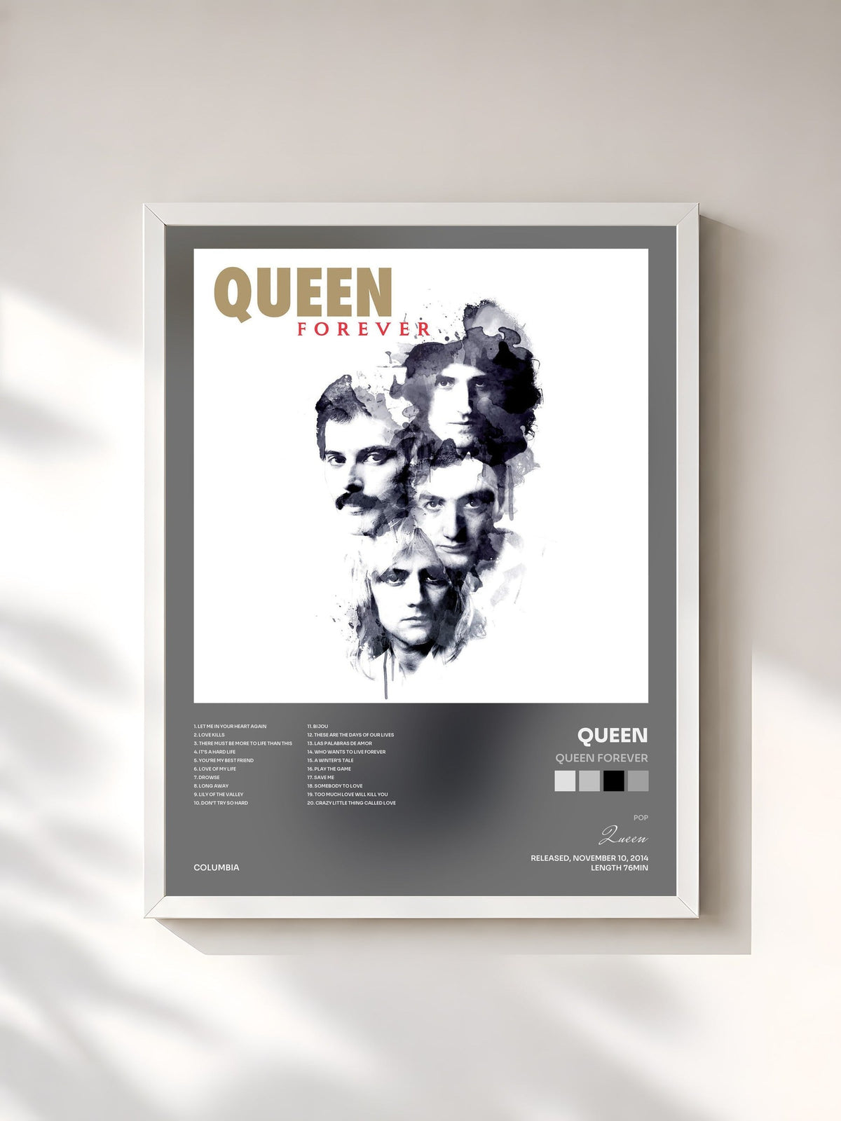 #blanc Tableau de l'album Queen Forever de Queen, cadre blanc, imprimé et encadré en France