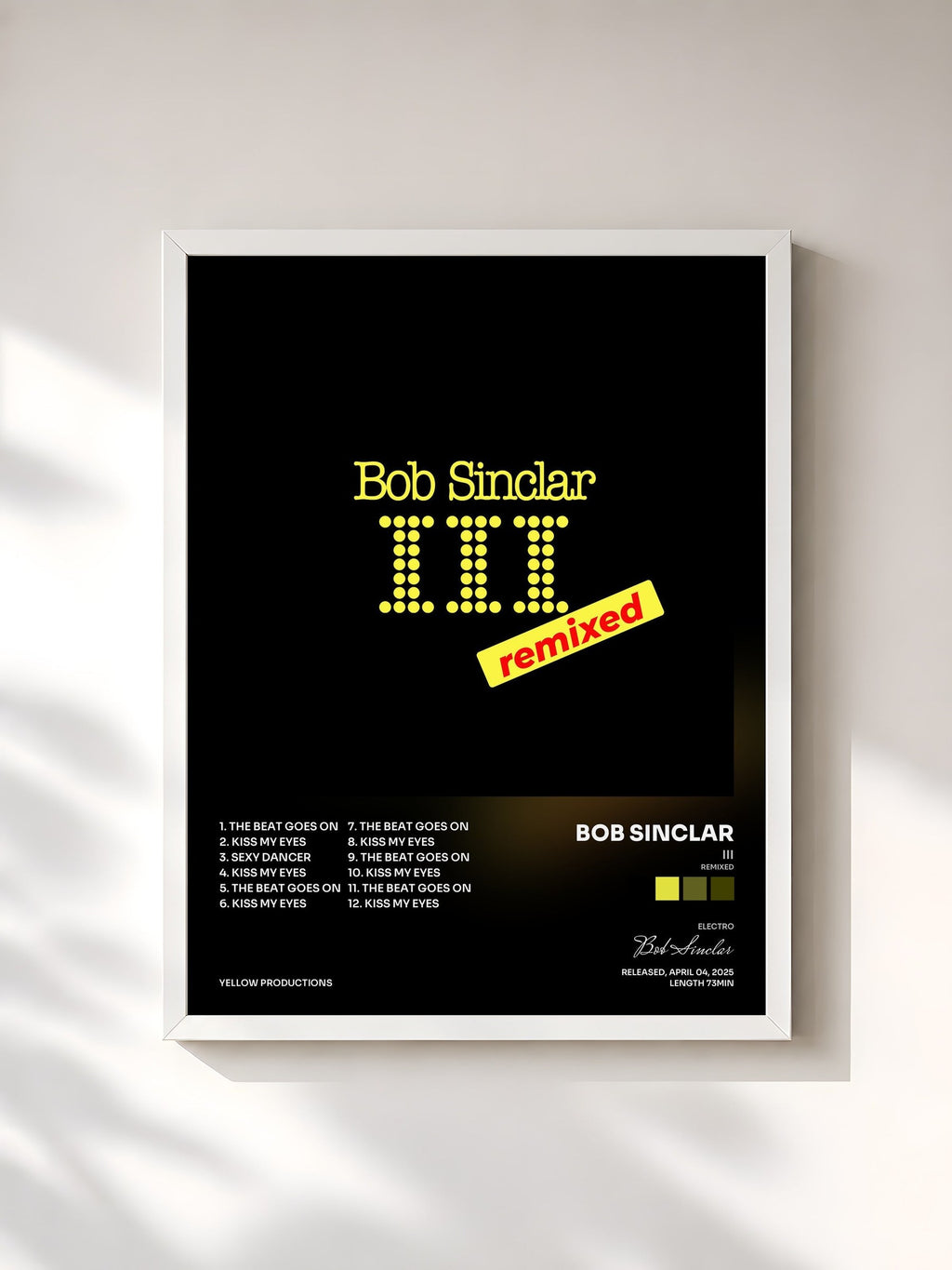 #blanc Tableau de l'album III (Remixed) de Bob Sinclar, cadre blanc, imprimé et encadré en France