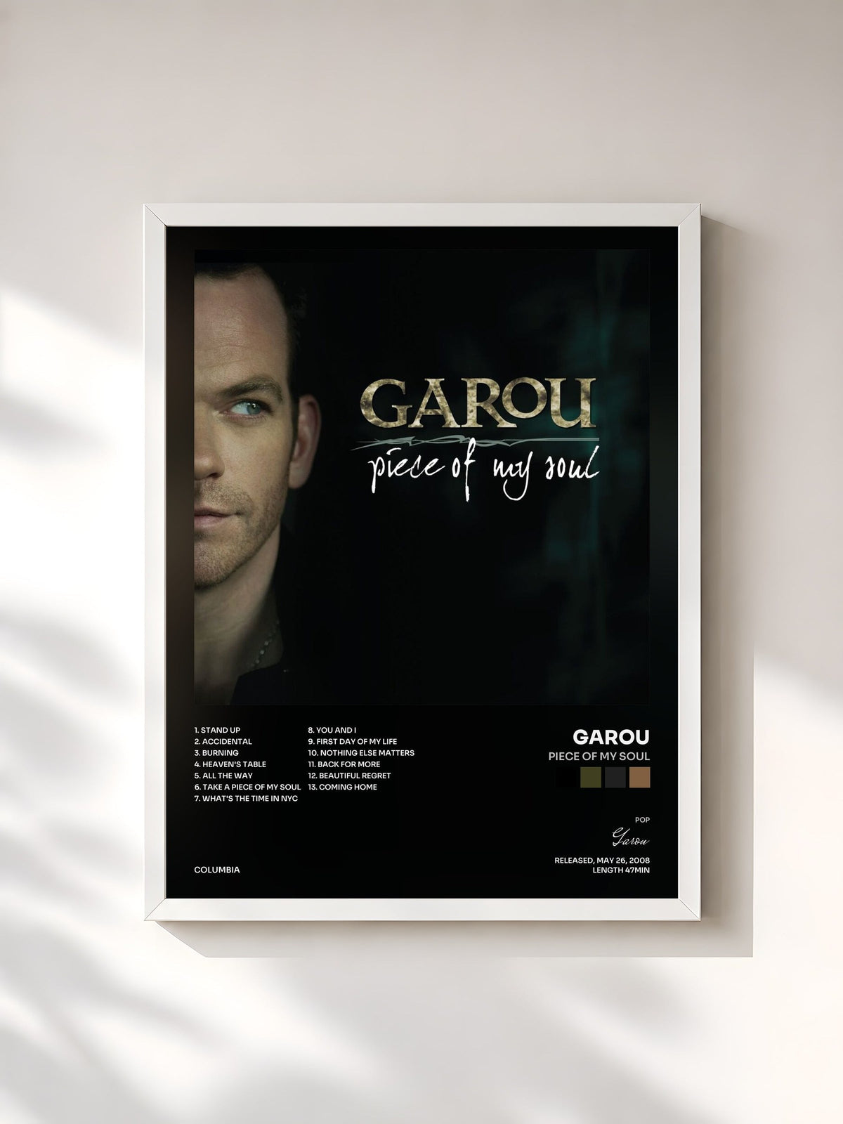 #blanc Piece Of My Soul by Garou as a framed art print, white frame, printed and framed in France
