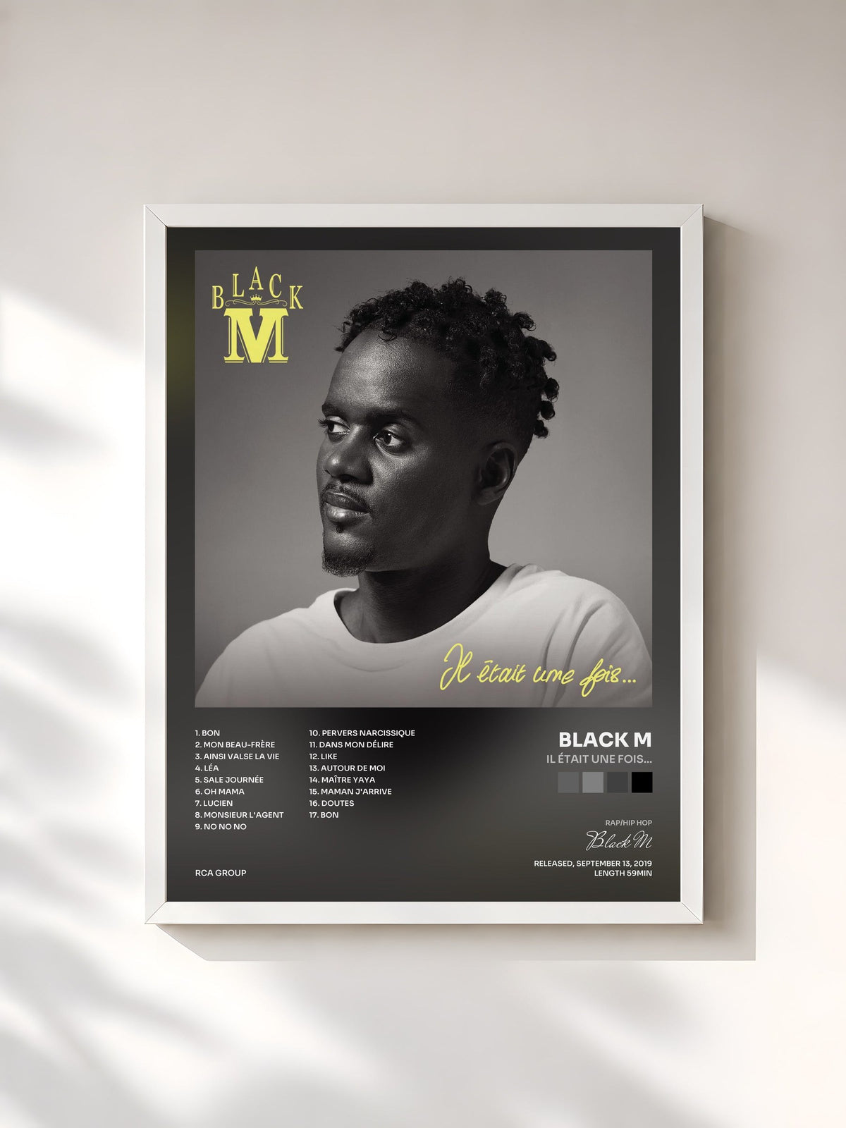 #blanc Tableau de l'album Il était une fois... de Black M, cadre blanc, imprimé et encadré en France