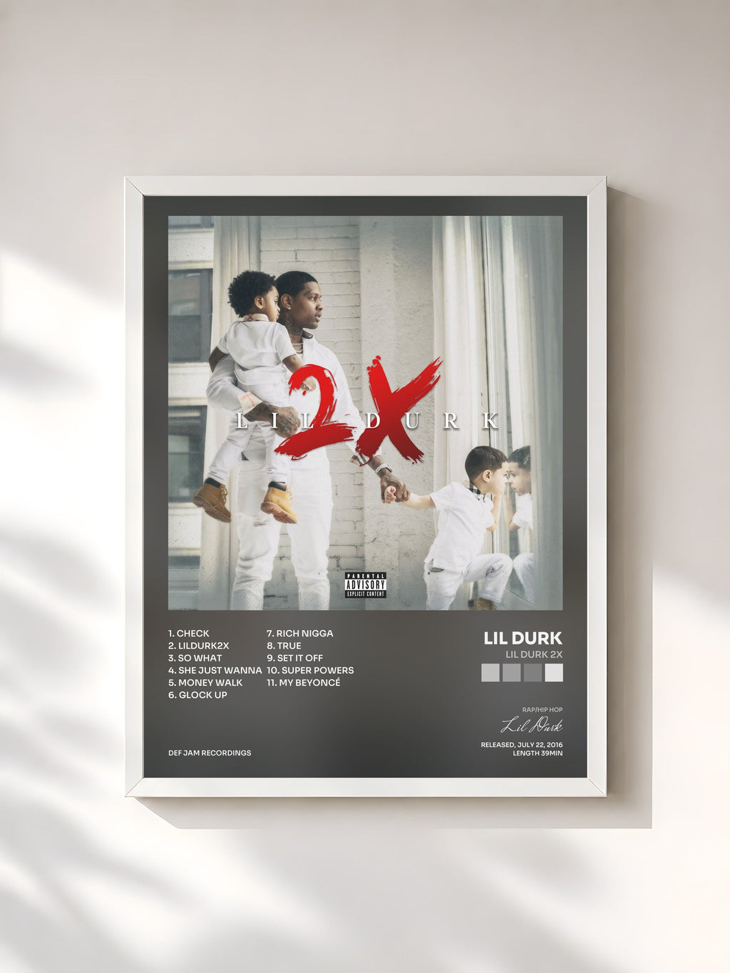 #blanc Lil Durk 2X by Lil Durk as a framed art print, white frame, printed and framed in France