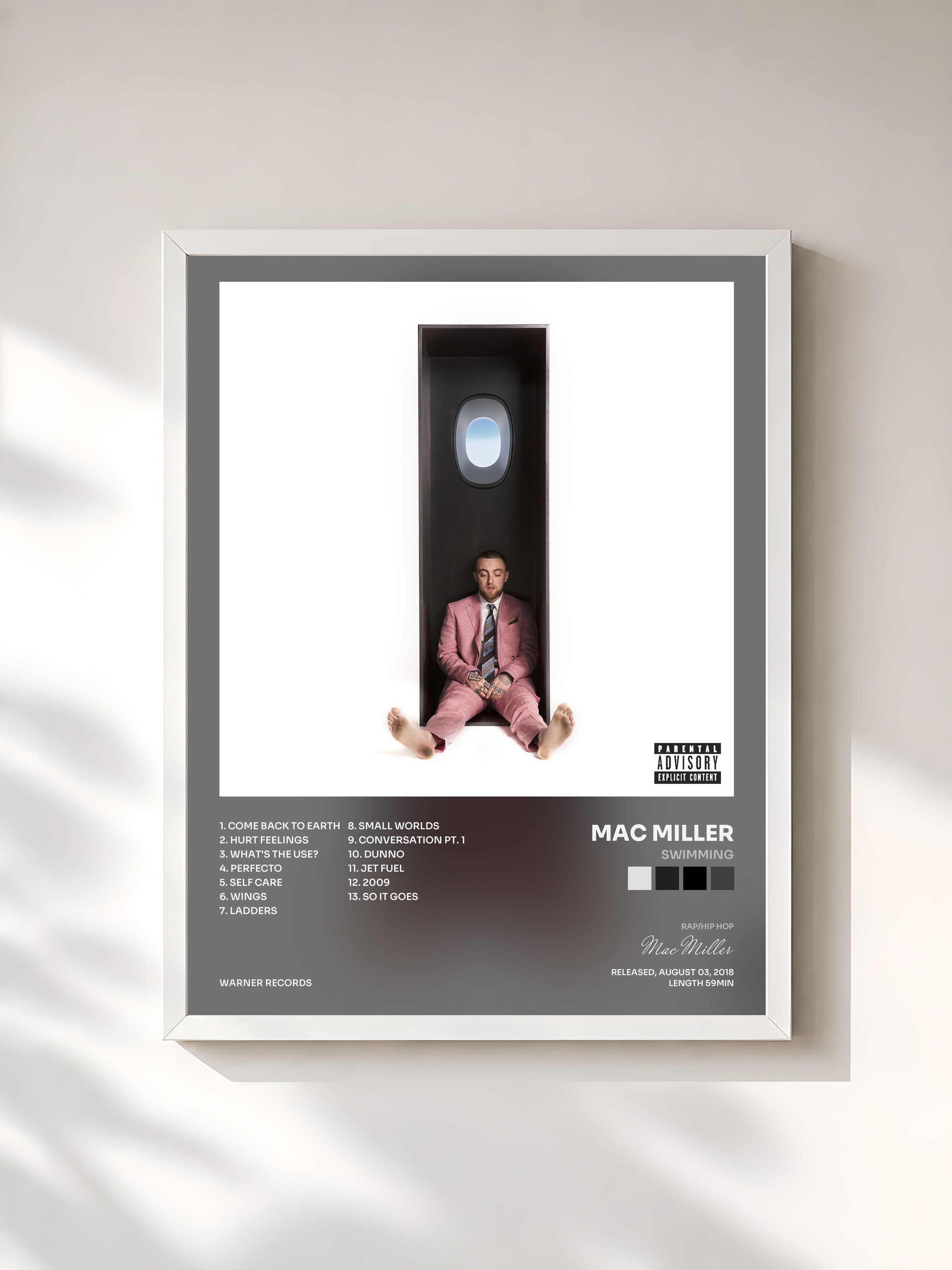 #blanc Tableau de l'album Swimming de Mac Miller, cadre blanc, imprimé et encadré en France